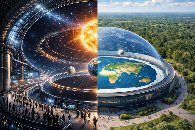 Flat/Globe Earth Colosseum - Interactive dome facility simulating Earth, Sun, and Moon for scientific research
